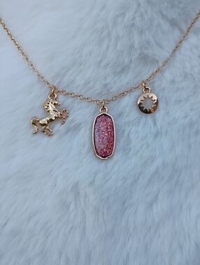 2/$10 June Girl Gold-Tone Pink Glitter Charm Necklace with Horse Accent